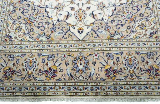 Full view of 2000s Kashan rug from Iran / Persia, 296 × 197 cm in Beige tones