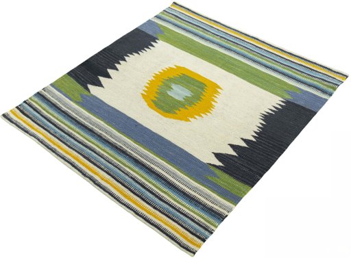 Corner detail of New Kilim Sofre rug showing border pattern and Wool pile