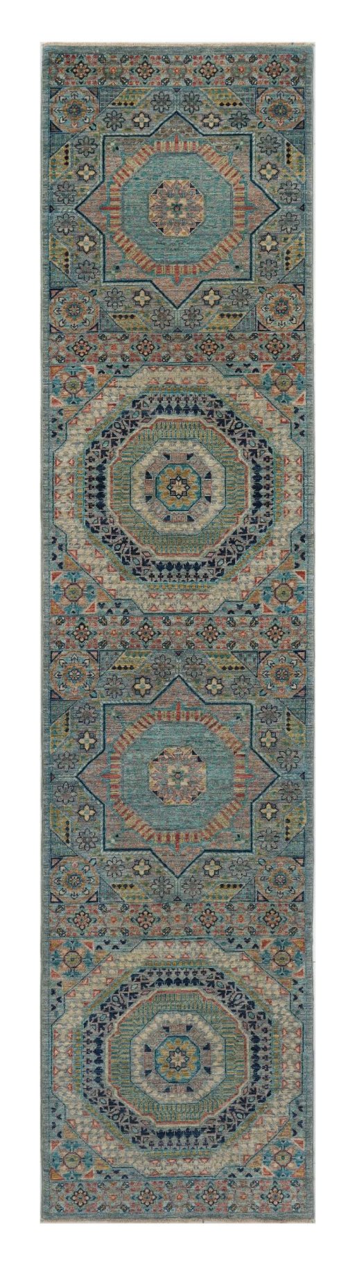 Full view of New Mamluk rug from Pakistan, 346 × 77 cm in Blue tones