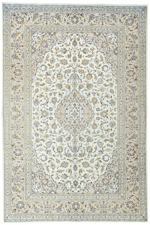 Full view of 2000s Kashan rug from Iran / Persia, 300 × 202 cm in Beige tones