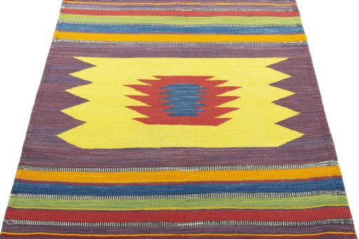 Close-up detail of New Kilim Sofre rug from Turkey showing Wool weave