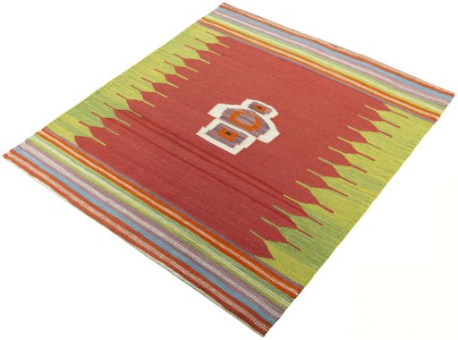 Corner detail of New Kilim Sofre rug showing border pattern and Wool pile