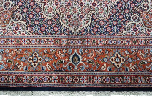 Full view of 2000s Moud rug from Iran / Persia, 296 × 200 cm in Beige tones