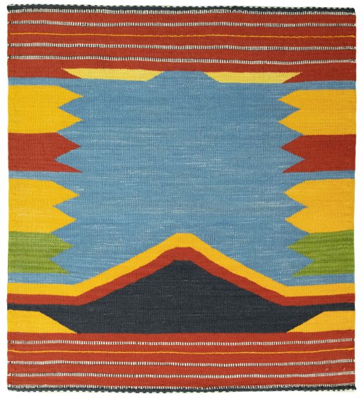 Full view of New Kilim Sofre rug from Turkey, 106 × 95 cm in Multi Color tones