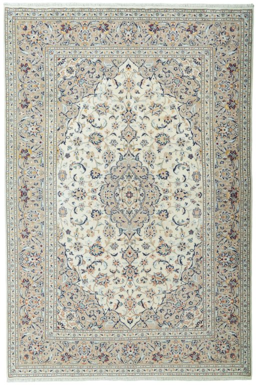 Full view of New Kashan rug from Iran / Persia, 295 × 197 cm in Beige tones
