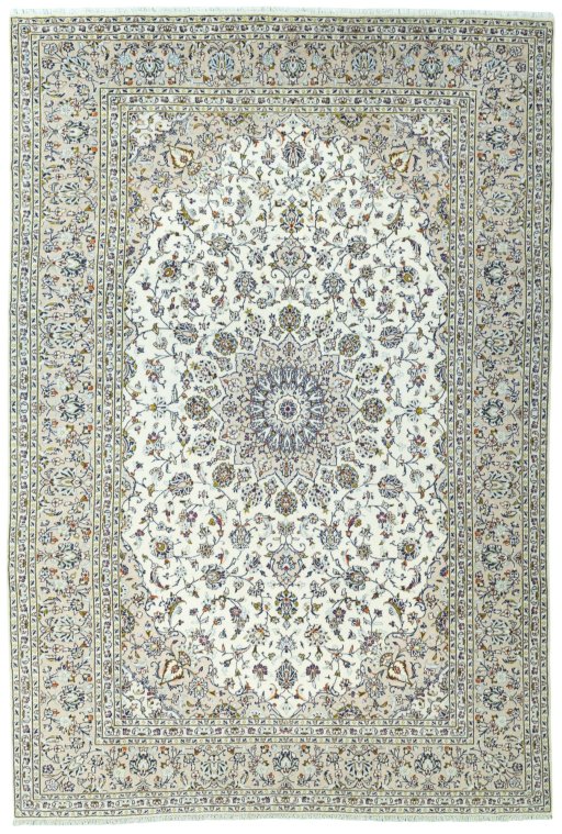 Full view of 2000s Kashan rug from Iran / Persia, 355 × 240 cm in Beige tones
