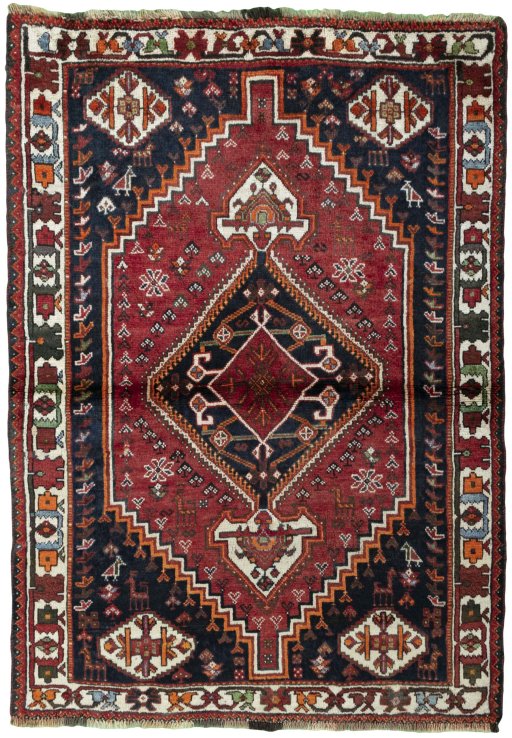 Full view of 2000s Shiraz rug from Iran / Persia, 163 × 116 cm in Red tones
