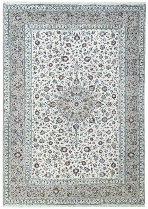 Full view of 2000s Kashan rug from Iran / Persia, 383 × 272 cm in Beige tones