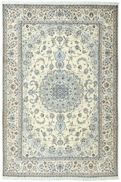 Full view of 2000s Nain rug from Iran / Persia, 363 × 243 cm in Beige tones