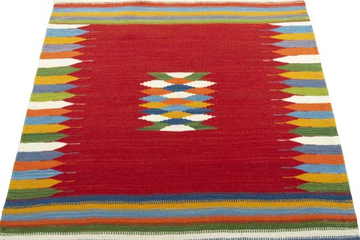 Close-up detail of New Kilim Sofre rug from Turkey showing Wool weave