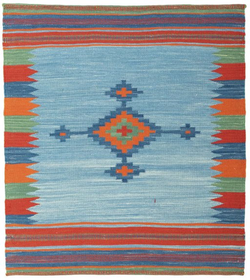 Full view of New Kilim Sofre rug from Turkey, 110 × 98 cm in Multi Color tones