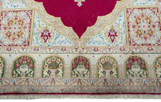 Full view of 1970s Kerman rug from Iran / Persia, 288 × 177 cm in Red tones