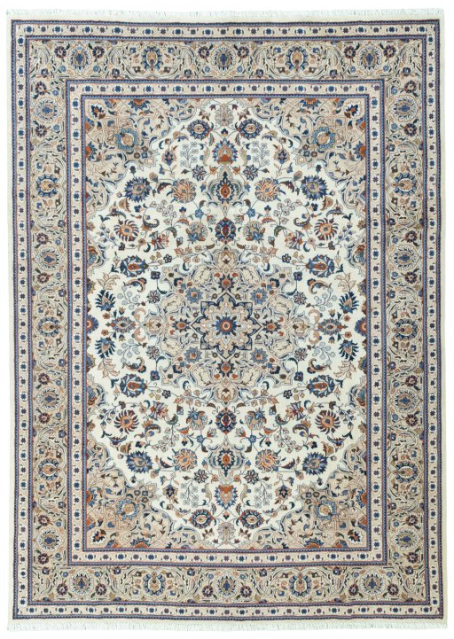 Full view of 2000s Kashmar rug from Iran / Persia, 344 × 247 cm in Beige tones