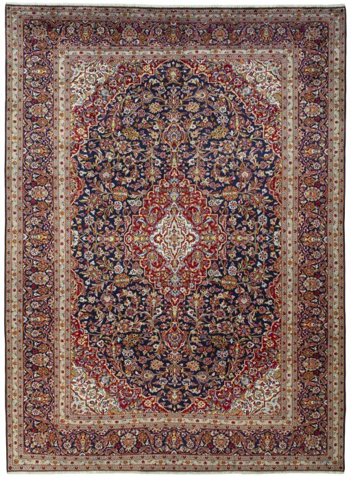 Full view of 2000s Kashan rug from Iran / Persia, 408 × 298 cm in Blue tones