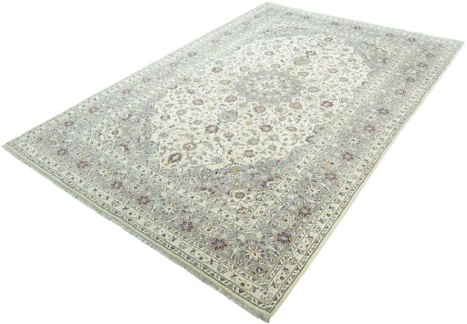 Corner detail of New Kashan rug showing border pattern and Cork pile