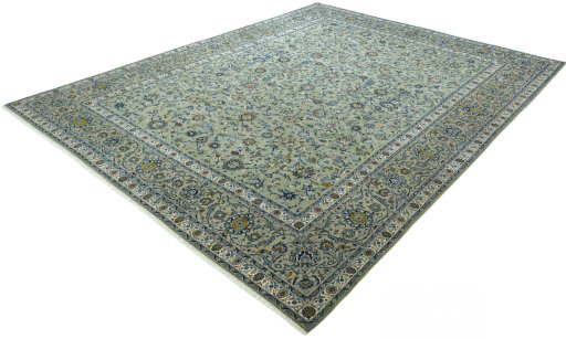Corner detail of 2000s Kashan rug showing border pattern and Wool pile