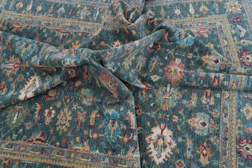 Full view of New Kazak rug from Pakistan, 297 × 249 cm in Green tones