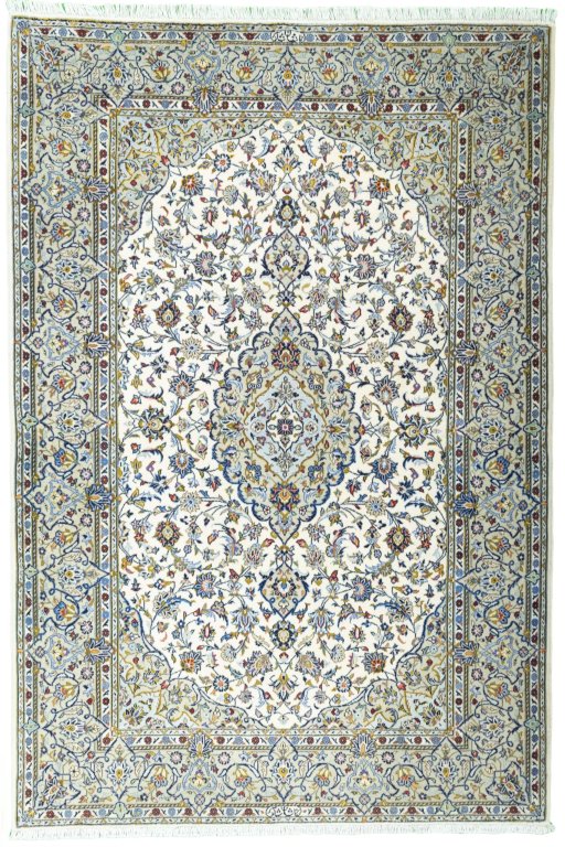 Full view of 2000s Kashan rug from Iran / Persia, 215 × 145 cm in Beige tones