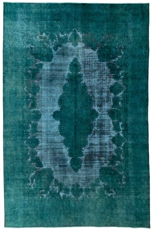 Full view of 1970s Vintage rug from Pakistan, 446 × 290 cm in Green tones