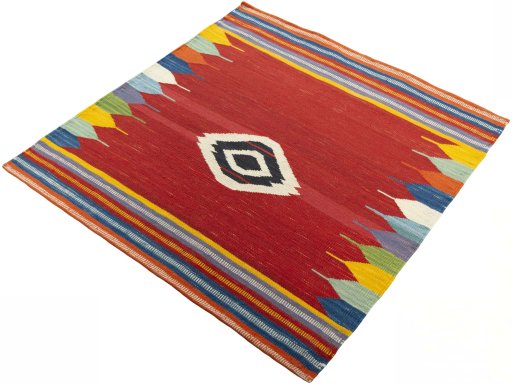 Corner detail of New Kilim Sofre rug showing border pattern and Wool pile