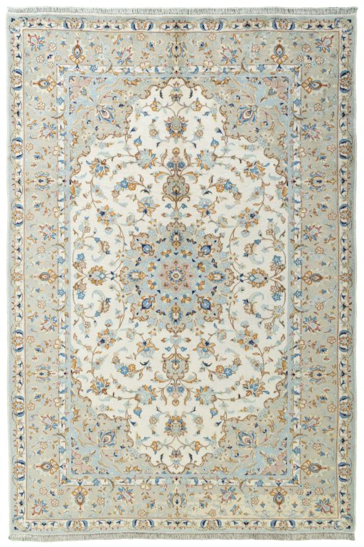 Full view of New Kashan rug from Iran / Persia, 295 × 200 cm in Beige tones