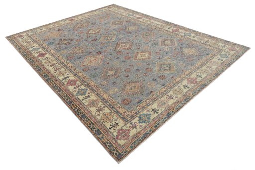 Corner detail of New Kazak rug showing border pattern and Wool pile