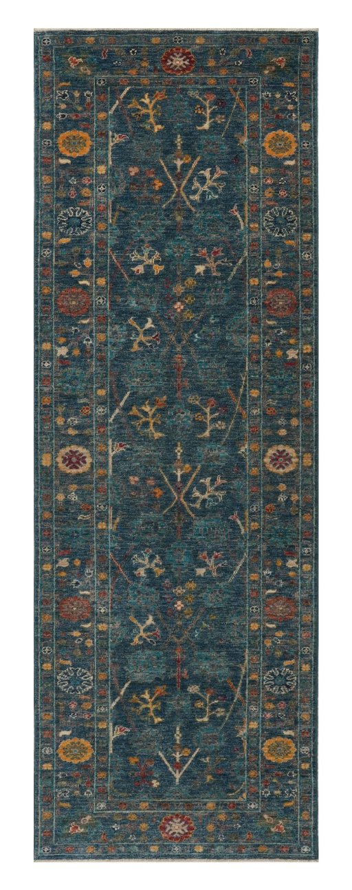 Full view of New Farahan rug from Pakistan, 250 × 83 cm in Blue tones