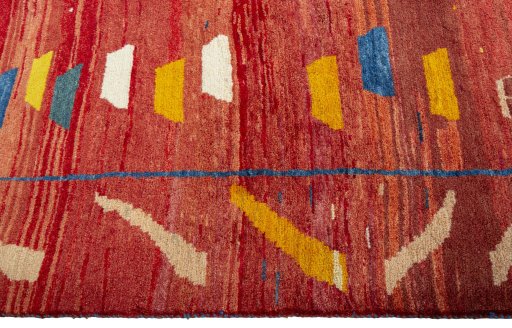 Close-up detail of 2000s Persian Gabbeh rug from Pakistan showing Wool weave