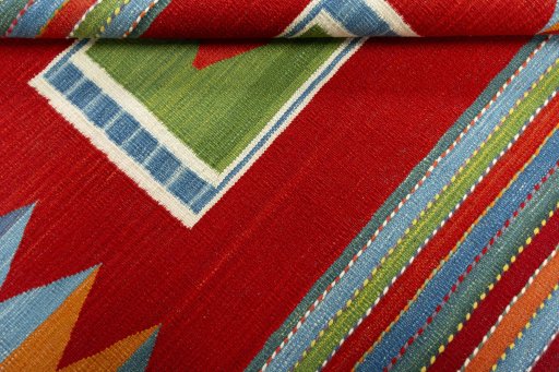 Full view of New Kilim Sofre rug from Turkey, 110 × 116 cm in Multi Color tones