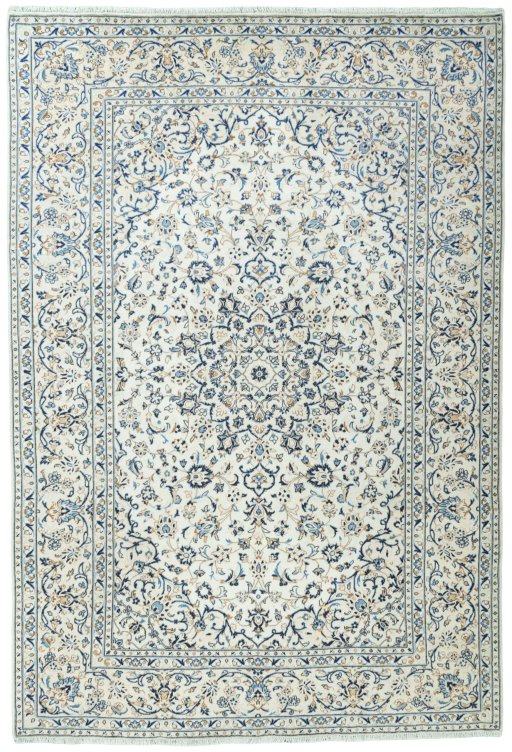Full view of 2000s Kashan rug from Iran / Persia, 355 × 241 cm in Beige tones