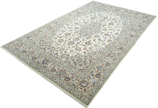 Corner detail of 2000s Kashan rug showing border pattern and Wool pile
