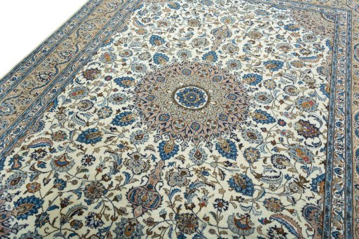 Backside of handmade 2000s Kashmar rug showing knot structure and weave density