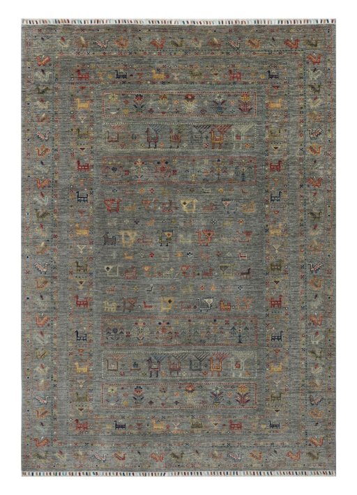 Full view of New Samarkand rug from Pakistan, 240 × 168 cm in Gray tones