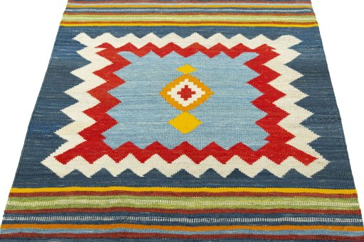 Close-up detail of New Kilim Sofre rug from Turkey showing Wool weave