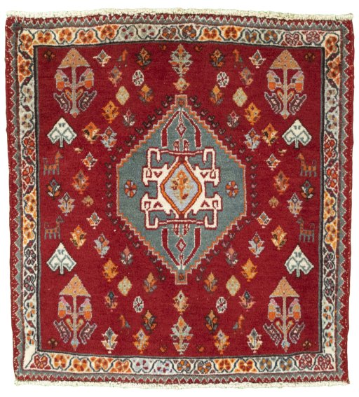 Full view of 2000s Shiraz rug from Iran / Persia, 69 × 65 cm in Red tones
