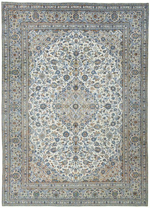 Full view of 2000s Kashan rug from Iran / Persia, 405 × 290 cm in Beige tones