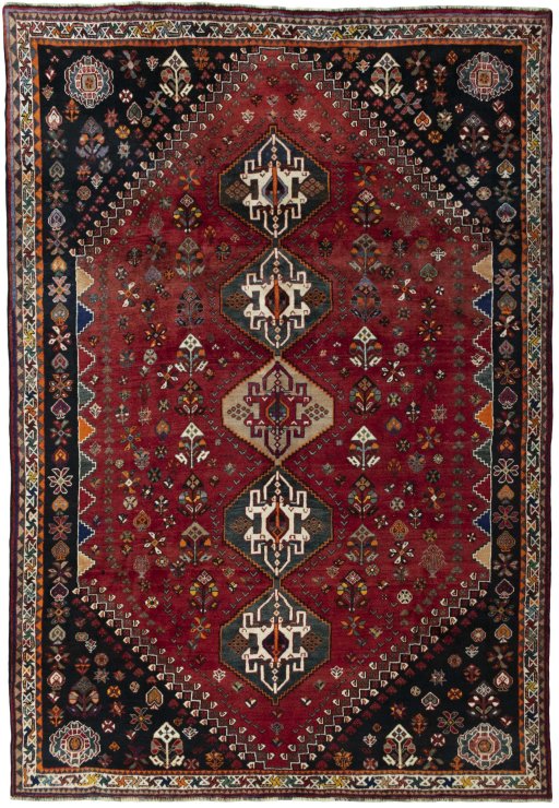 Full view of 2000s Shiraz rug from Iran / Persia, 330 × 229 cm in Red tones
