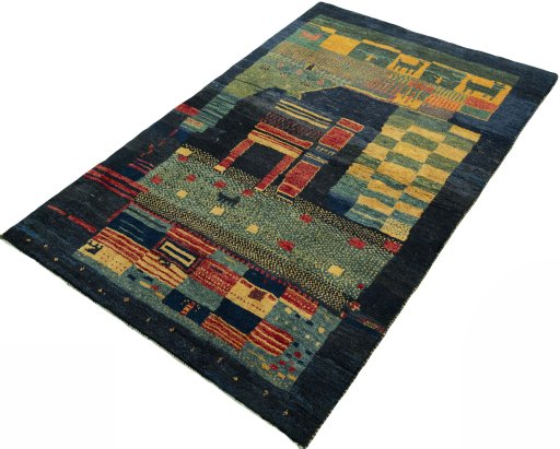 Corner detail of 2000s Persian Gabbeh rug showing border pattern and Wool pile