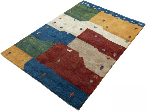 Corner detail of 2000s Persian Gabbeh rug showing border pattern and Wool pile