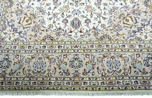 Full view of 2000s Kashan rug from Iran / Persia, 355 × 240 cm in Beige tones