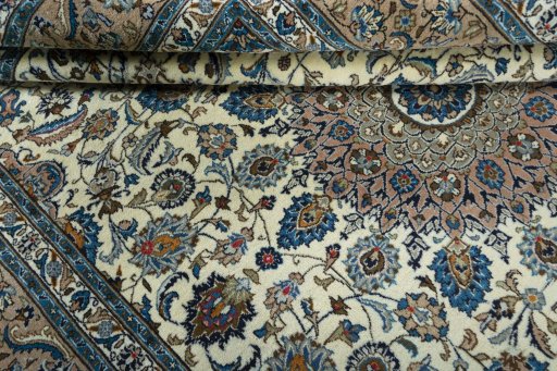 Close-up detail of 2000s Kashmar rug from Iran / Persia showing Wool weave