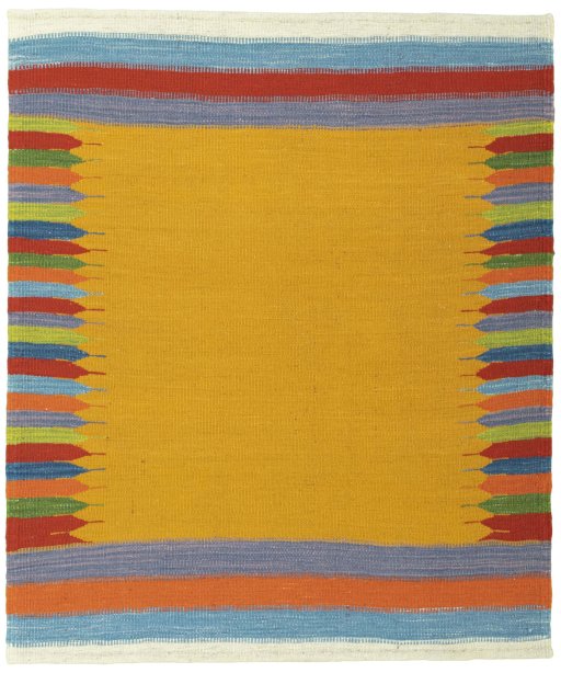 Full view of New Kilim Sofre rug from Turkey, 110 × 93 cm in Multi Color tones