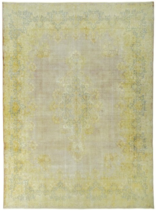 Full view of 1970s Vintage rug from Pakistan, 406 × 300 cm in Yellow tones