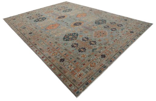 Corner detail of New Kazak rug showing border pattern and Wool pile