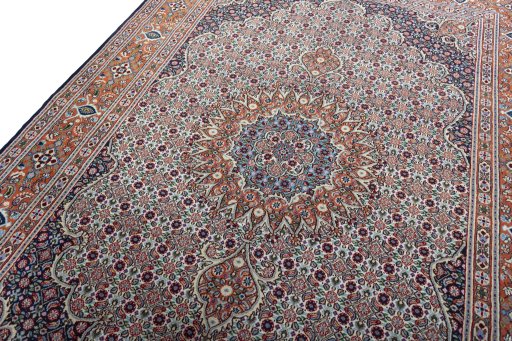 Backside of handmade 2000s Moud rug showing knot structure and weave density