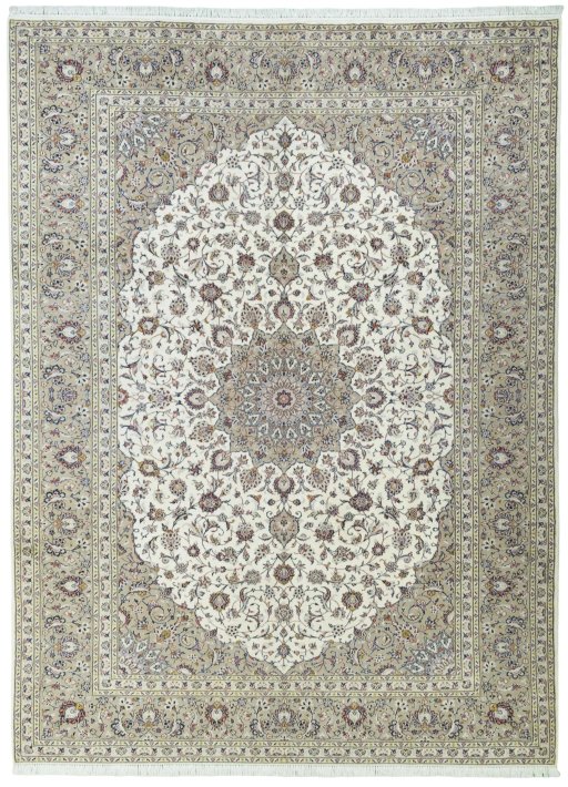 Full view of 2000s Kashan rug from Iran / Persia, 403 × 297 cm in Beige tones