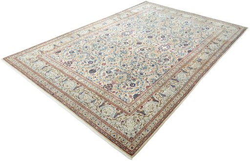 Corner detail of 1950s Kashan rug showing border pattern and Wool pile