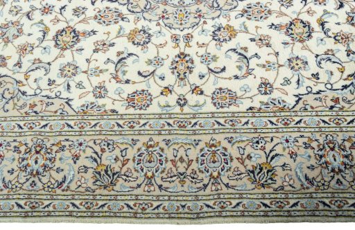 Full view of 2000s Kashan rug from Iran / Persia, 310 × 200 cm in Beige tones