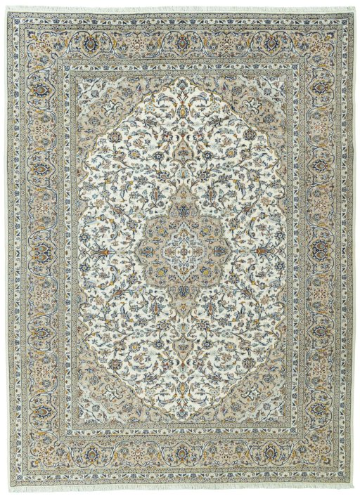 Full view of 2000s Kashan rug from Iran / Persia, 342 × 253 cm in Beige tones