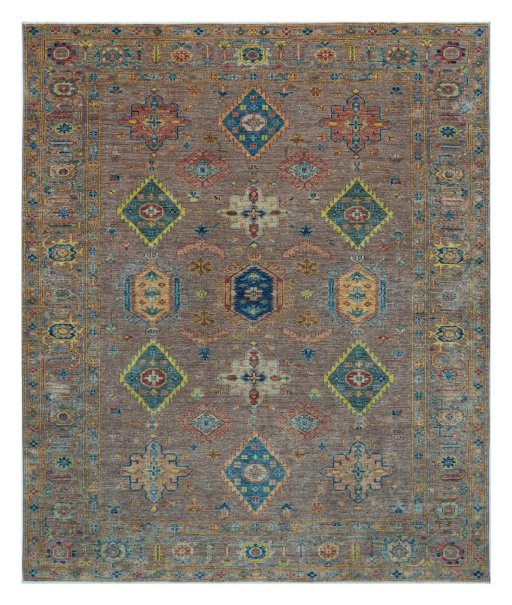 Full view of New Kazak rug from Pakistan, 305 × 252 cm in Brown tones
